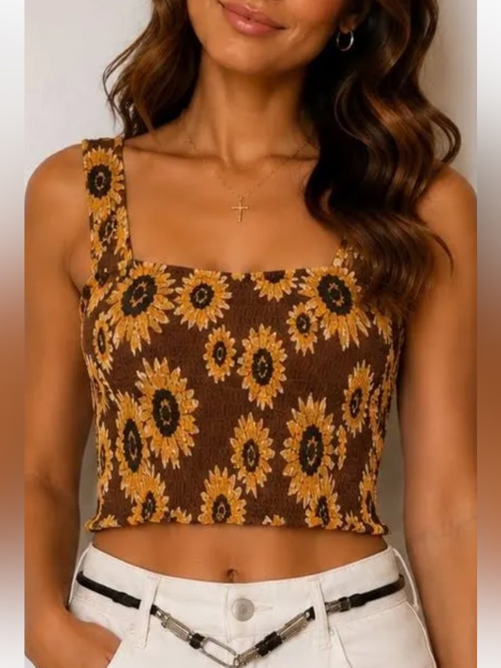 Rue21 Brown Sunflower Smocked Crop Tank Top